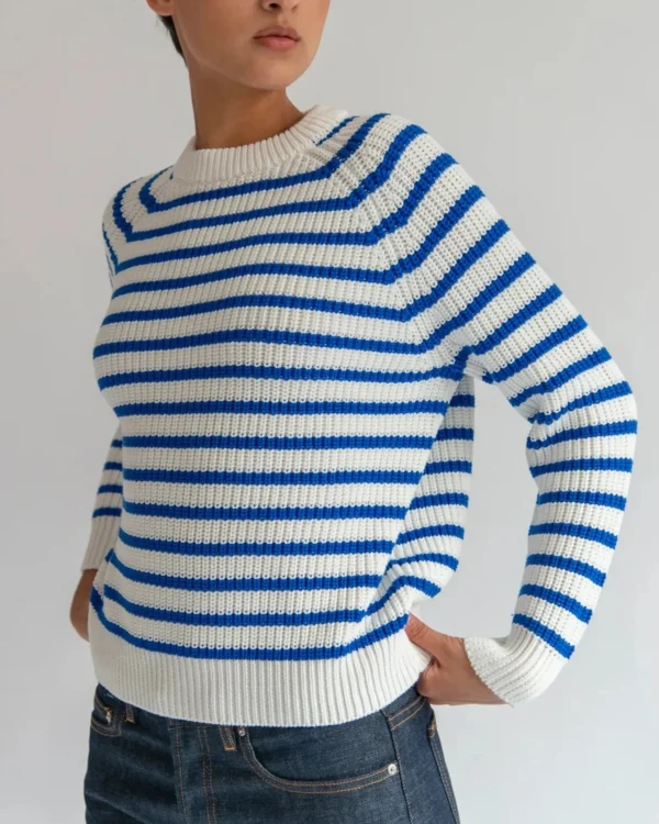 Sweaters | Demylee Phoebe Stripe Cotton Sweater Off White + Blue