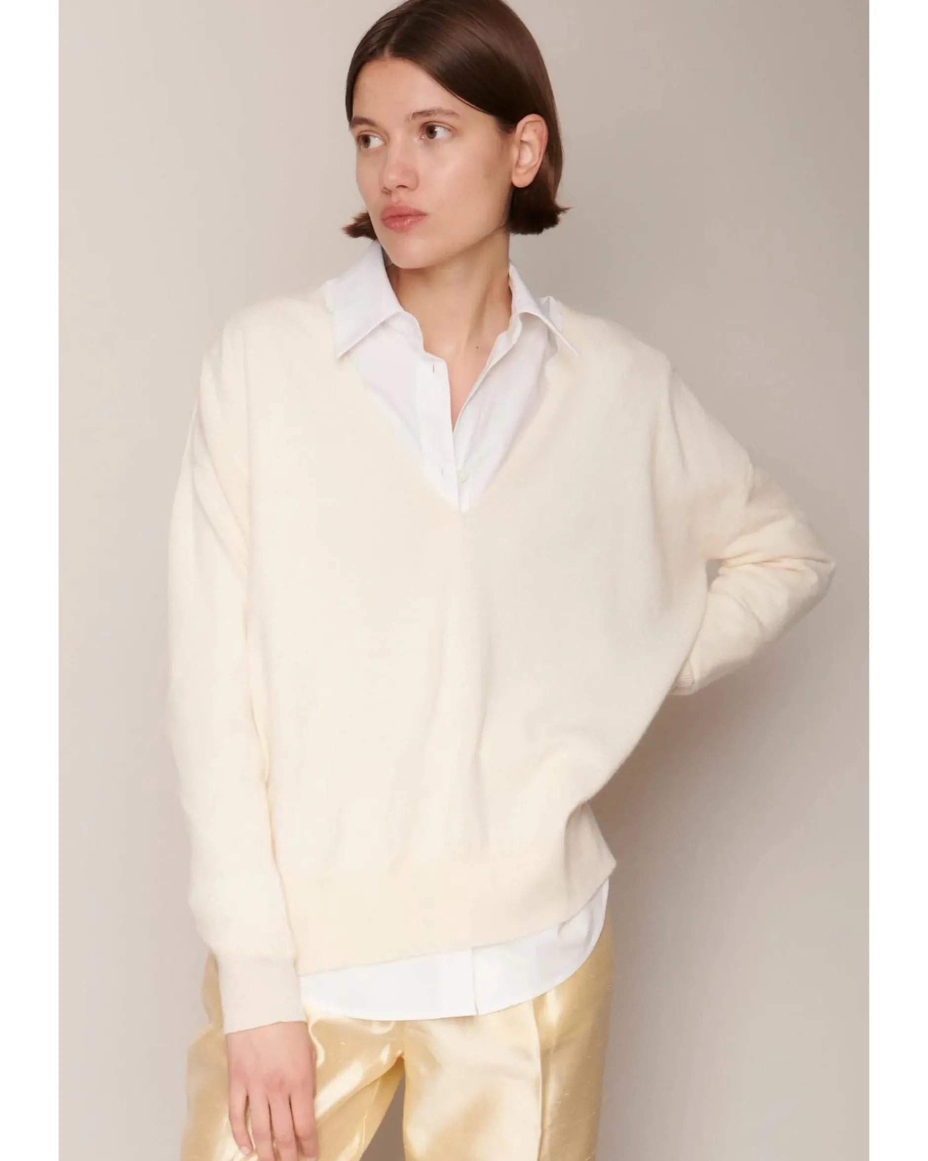 organic_by_john_patrick_a_1.webp Sweaters | Organic by John Patrick Ada V Neck 100% Undyed Cashmere Paper White